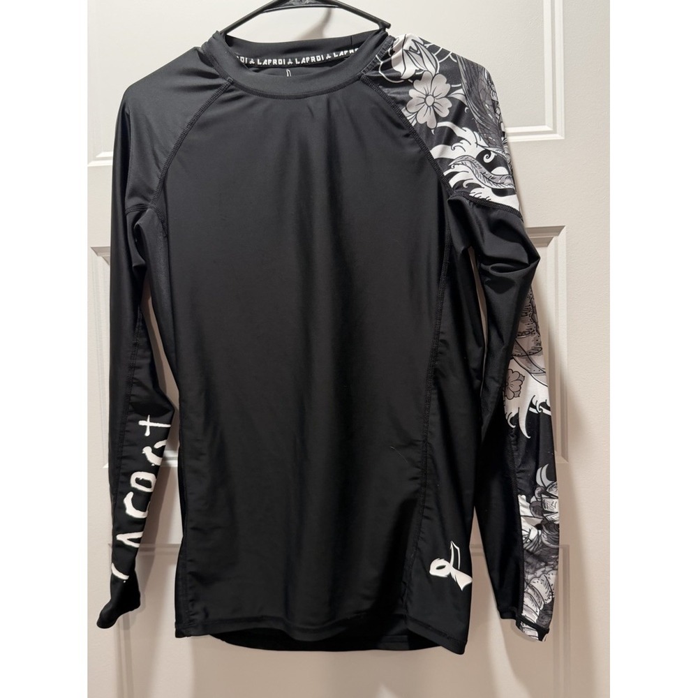 LAFROI Burst Mens M Rash Guard Compression Shirt Long Sleeve Black Floral Dragon